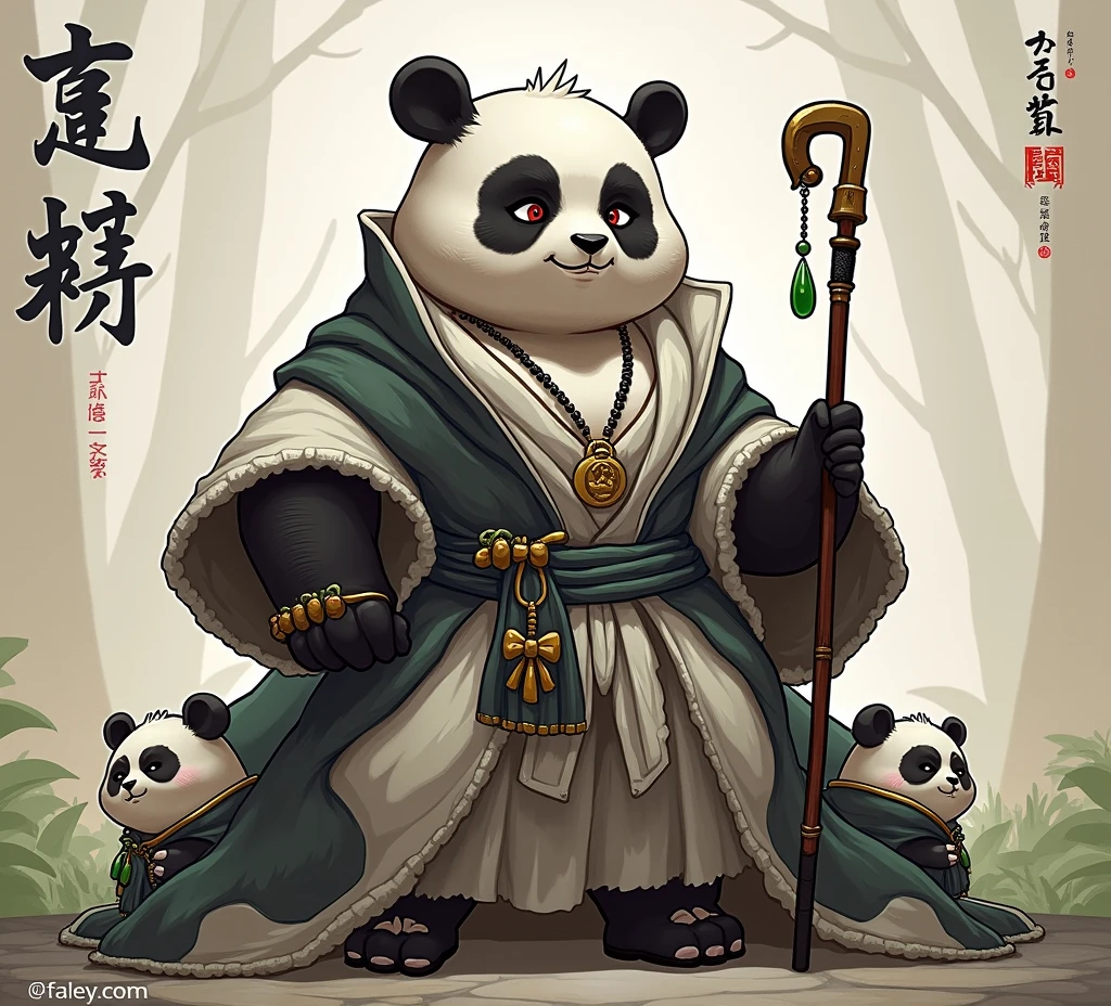 (masterpiece, top quality, best quality, official art,beautiful and aesthetic:1.2),(4k,8k, best quality,masterpiece:1.2),(((white background))), solo,Game character, the panda person, a game character inspired by pandas, wearing a black and white robe, adorned with a jade bead necklace and bracelet, viewed from multiple angles including back view and side view, holding a cane. The structure is clear and accurate, with a modern realistic representation and consistent lighting that looks natural and believable.