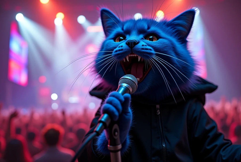 blue cat, on the stage, wearing black coat, blue hair, singing , microphone, rock concert, rock festival, screaming, singing, rockstar,from below, close up, face focus