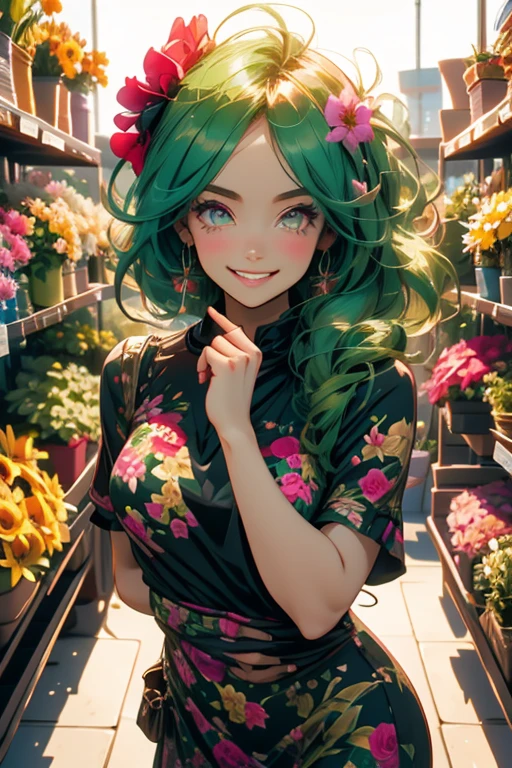 Perfect face. Perfect hands. A green haired woman with pink eyes with an hourglass figure in a floral dress is smiling while selecting flowers in a floral shop