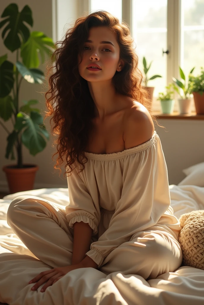 (photorealism:1.2), beautiful woman, sitting on bed, wearing loose off-shoulder top, pajama pants, long curly hair, indoors, soft lighting, plants in background, window with sunlight, cozy room, relaxed pose, realistic, intricate details, warm colors, by Greg Rutkowski, by Alphonse Mucha