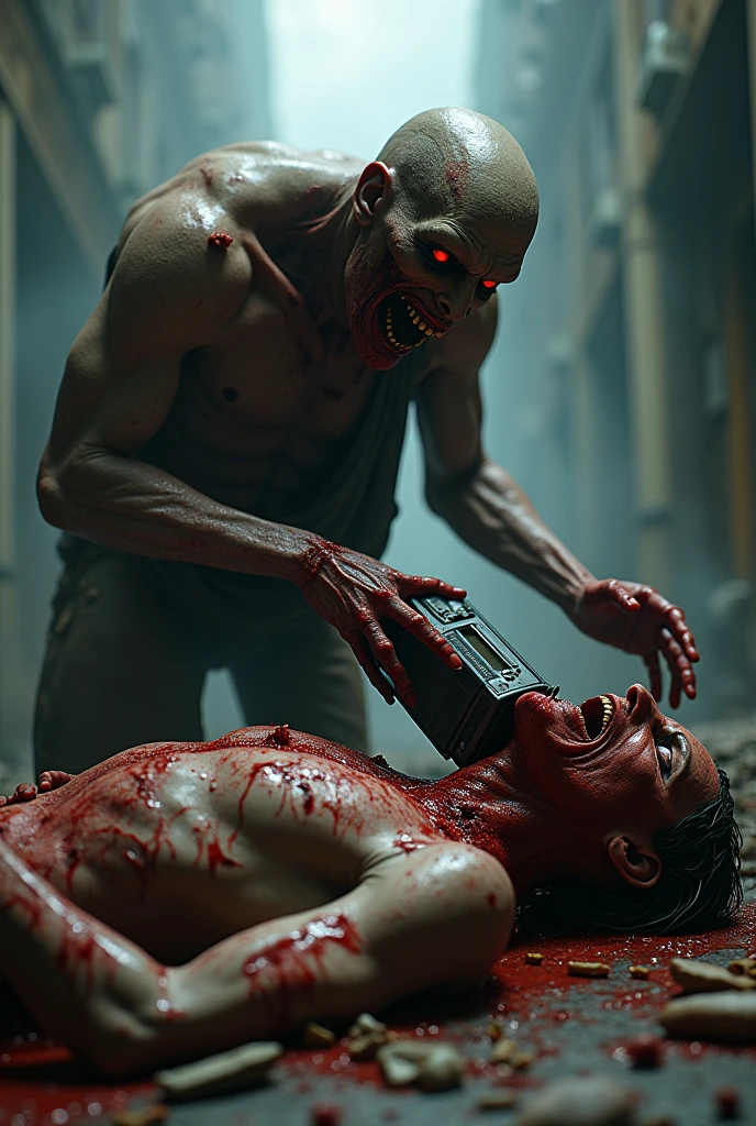 zombie taking a radio out of a person in a bloody way