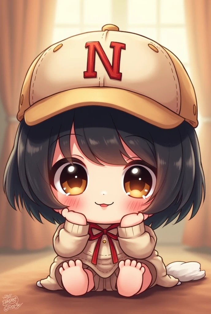 Cute  doll with short black hair and a cap with the letter N