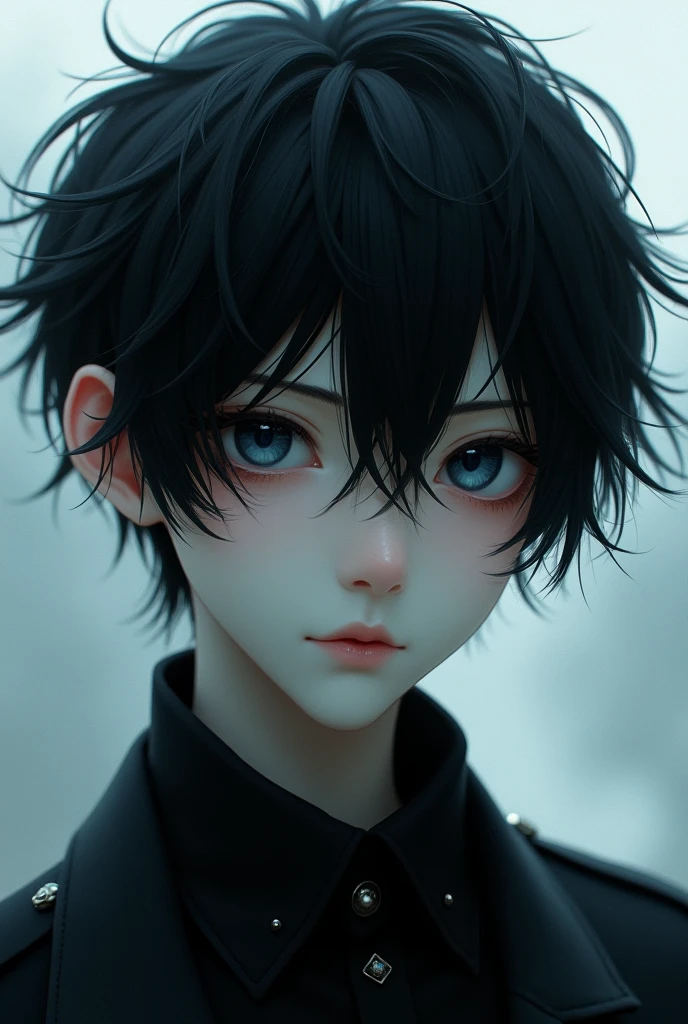 male, pale skin, black emo hair, dark blue eyes, button nose