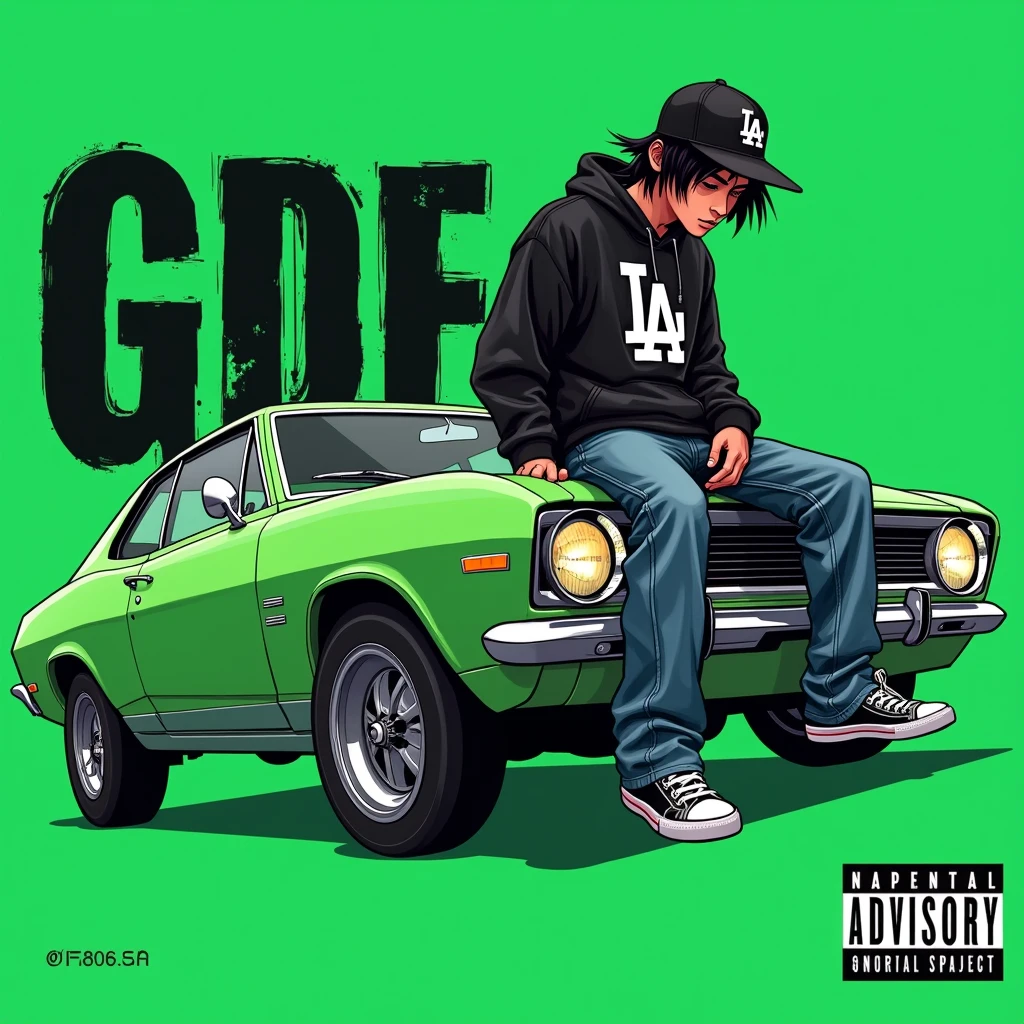 
G-FUNK Hip Hop album cover, green background, green car, with the words If 'WONA' behemes a gangster on the back of the picture, an Asian teenager wearing a black LA hoodie, a black LA ball cap with a deep press and a wide pair of jeans down, a troublemaker boy sits on the bonnet of a car and lets the car out to the side