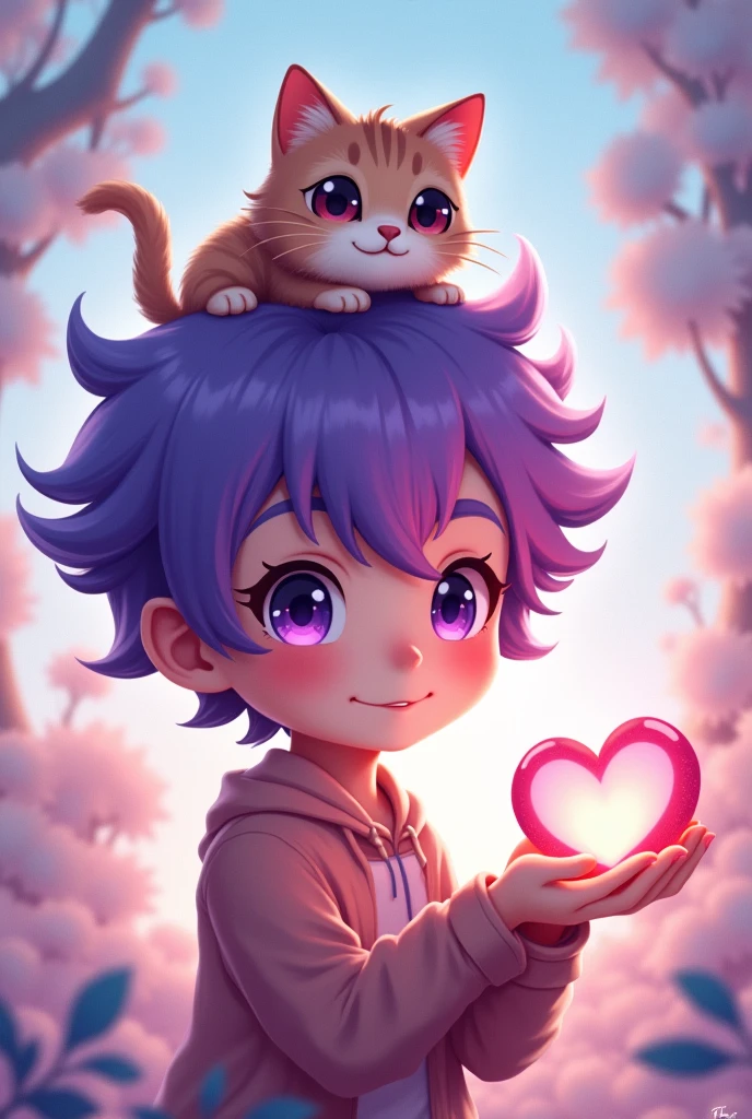 Boy with purple hair and a chibi-style cat on his head and a heart in his hand