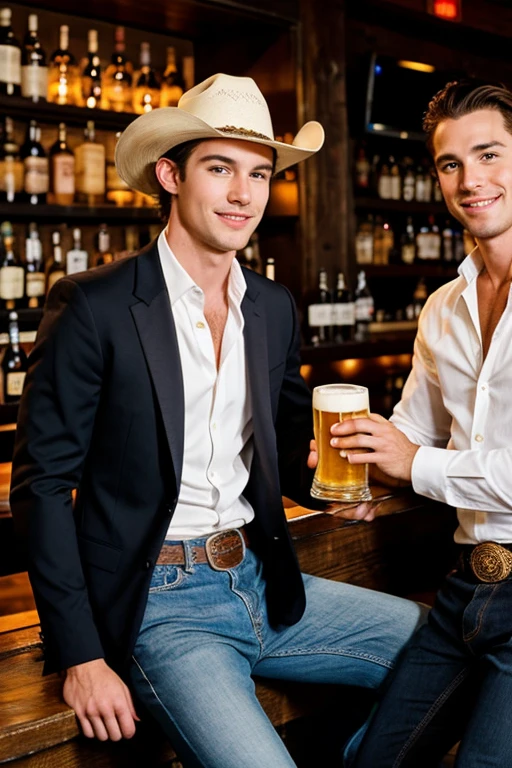 Young handsome cute beautiful skinny white face without cowboy shirt sitting next to a man dressed as a black millionaire cowboy in a dark bar serving beer