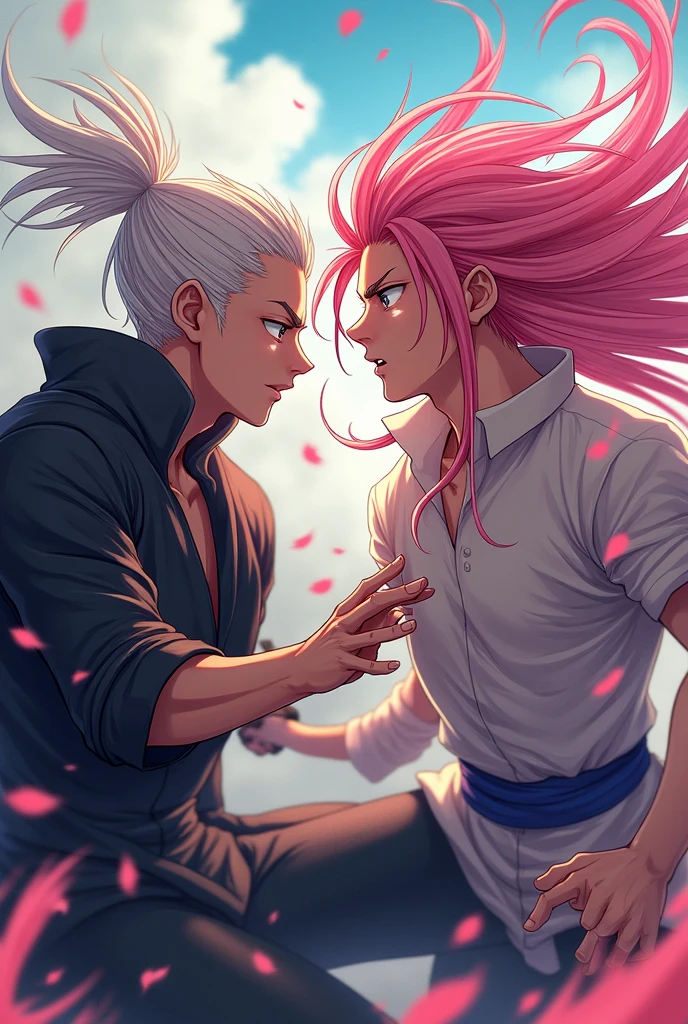create a young man with long pink hair who meets another young man with tied up white hair and long anime fanart art well done they fight