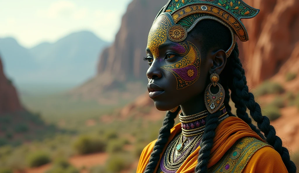 South Africa as an african League of Legend Godess creature, mixed six colors in black, dark green, yellow, orange, purple and white colors. Intricated clothing. Cinematic Fantasy sci-fi landscape background