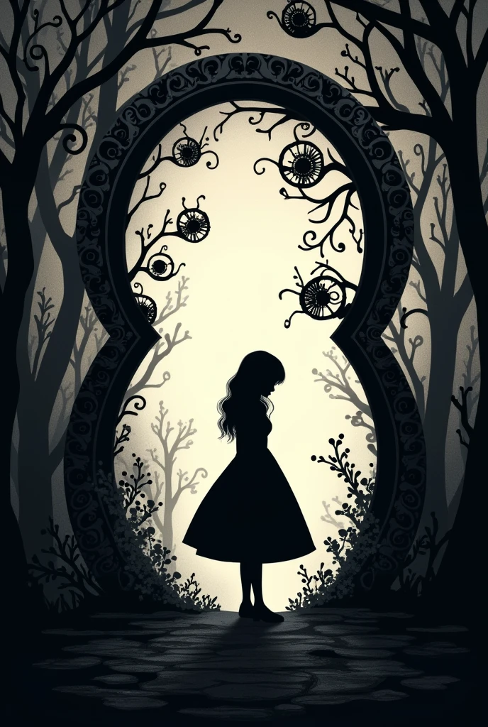 Alice in Wonderland poster based on only shadows that contains clocks and a frame that makes it look like a lock