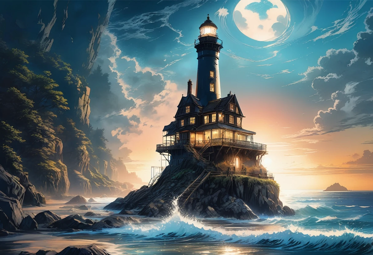 (aesthetic,extremely detailed,ink drawing)(lighthouse,lighthouse on an island),(blue ink ocean)(Daniel Merriam,by john blanche,M. C. Esher,frostpunk),(dirty ink), (black ink) (best quality,4k,8k,highres,masterpiece:1.2),ultra-detailed,(realistic,photorealistic,photo-realistic:1.37),HDR,UHD,studio lighting,ultra-fine painting,sharp focus,physically-based rendering,extreme detail description,professional,vivid colors,bokeh (portraits,landscape,horror,anime,sci-fi,photography,concept artists),(colorful tones),(soft lighting)