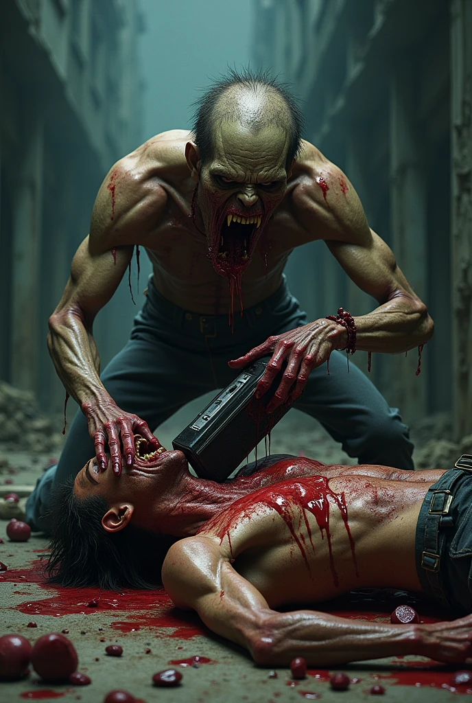 zombie taking a radio out of a person in a bloody way