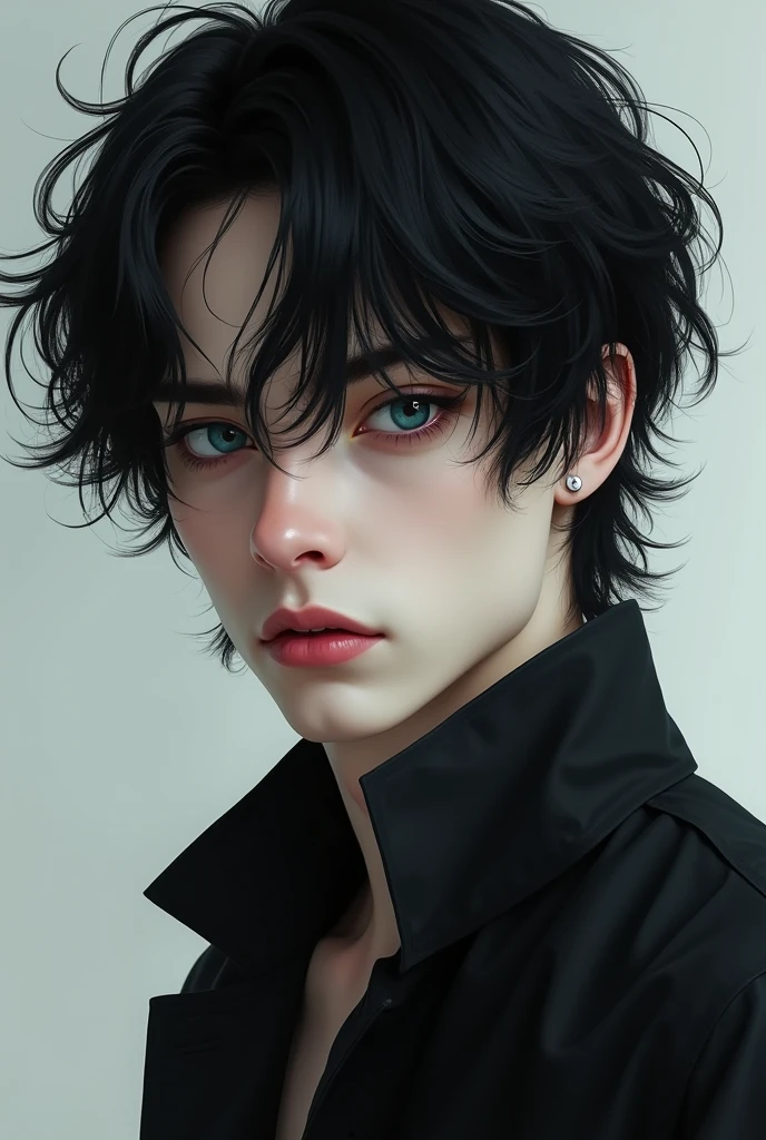 male, pale skin, black emo hair, dark blue eyes, button nose, realistic
