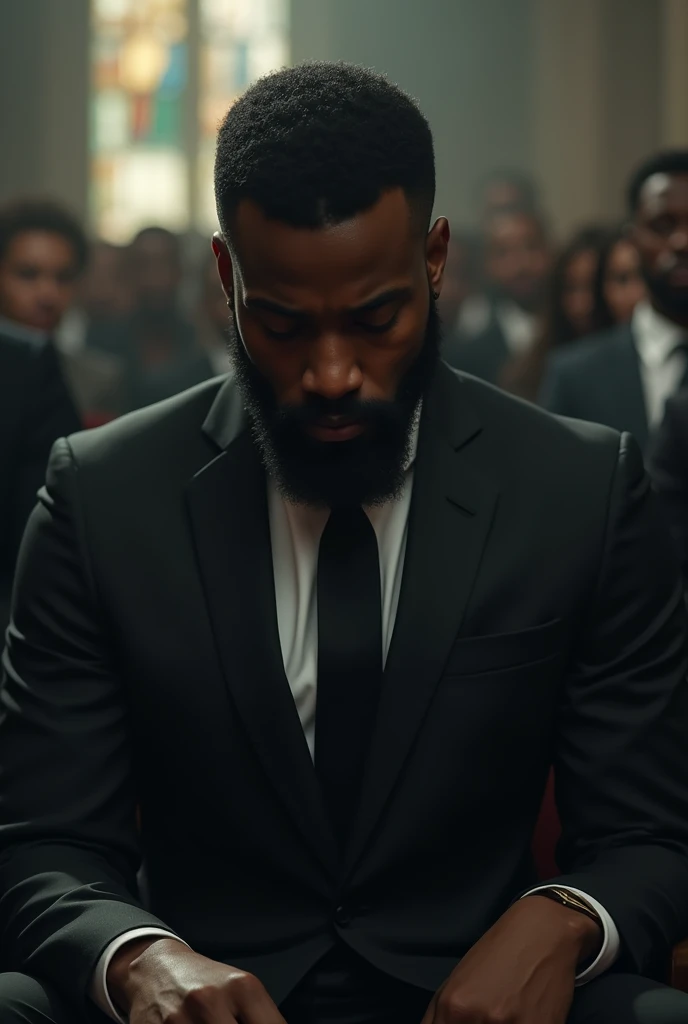 young black man with beard at a funeral with sad expression 