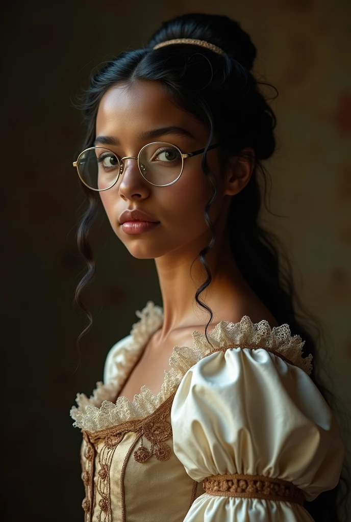 give me an old photo style image of a teenage girl in the baroque period,
dressed elegantly and wearing period glasses, the girl has black hair and black eyes and brown skin
