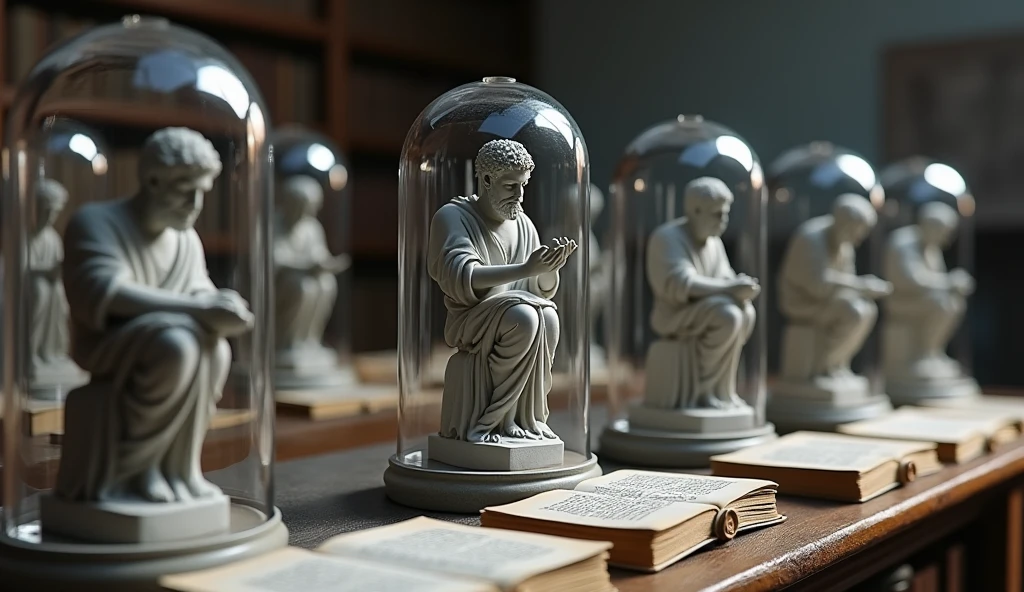 Grey statue, de filosofos antigos, Marcus Aurelius, They are inside some jars, reading old books
