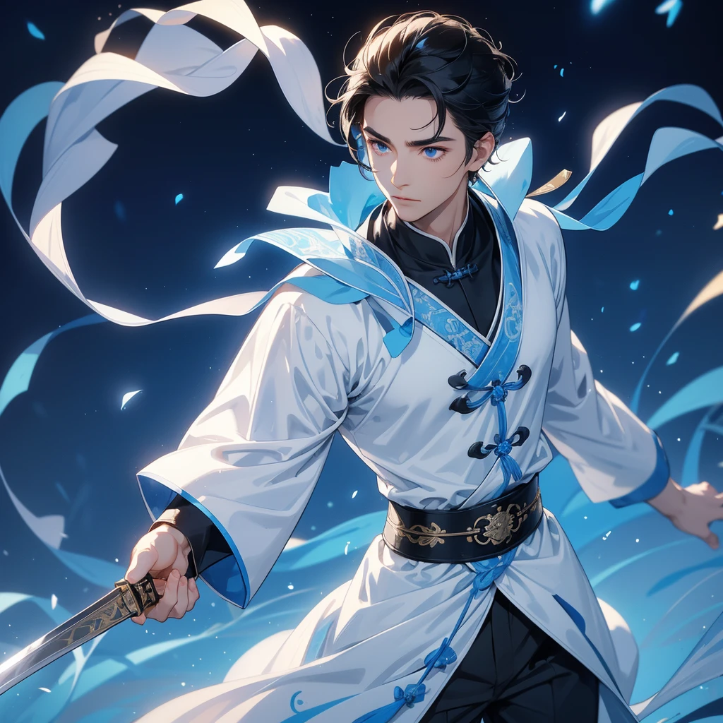 Handsome black-haired male holding a large sword in white ancient Chinese costume, strolling among by the nemophila fields glowing blue, close up.