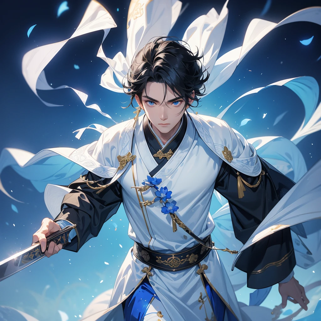 Handsome black-haired male holding a large sword in white ancient Chinese costume, strolling among by the nemophila fields glowing blue, close up.