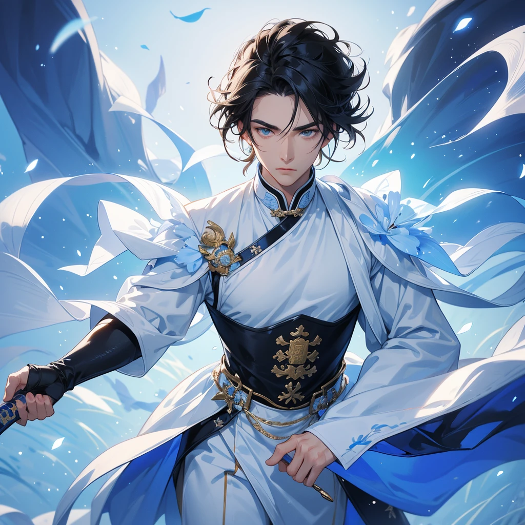 Handsome black-haired male holding a large sword in white ancient Chinese costume, strolling among by the nemophila fields glowing blue, close up.