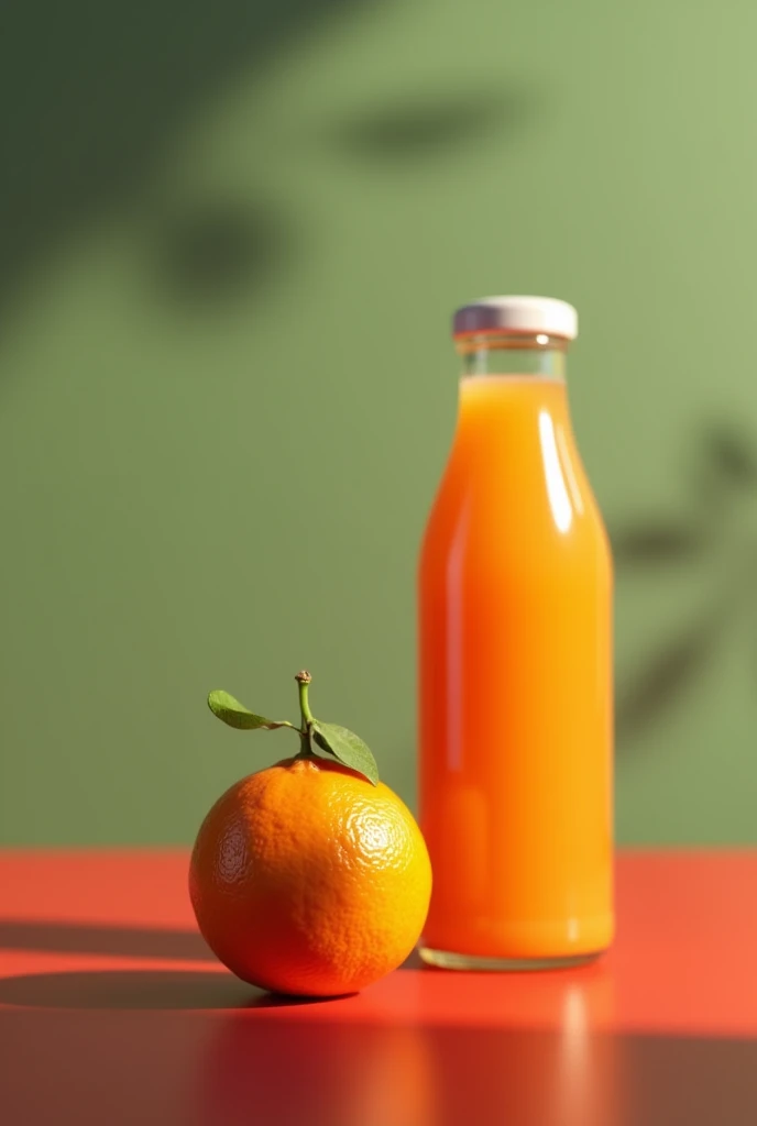 A still life of a tangerine and a bottle of juice behind the tangerine, with a green wall in the background, on a red table , that looks like a family home 
