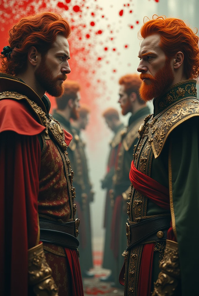 Generate a frame where on the left there are red-haired men in noble medieval clothing and on the right there are blond  forest of red dots. They don&#39;t like each other