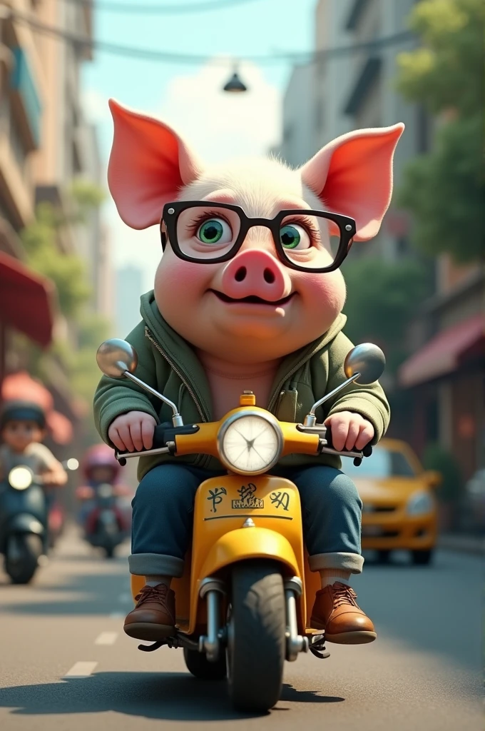 Pig with glasses on a motorcycle taxi