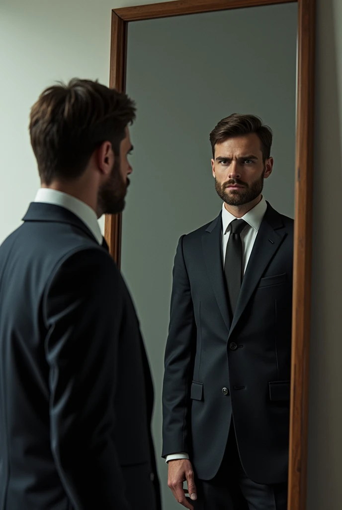 A man looking in the mirror and seeing that his reflection is a person.powerful and determined, totally different from who she appears to be, The image must convey a sense of motivation to awaken your positive self-image and generate an immediate impact when you see it.. The man must be well dressed and have a powerful posture in the reflection and he must be completely different from what he reflects in the mirror.