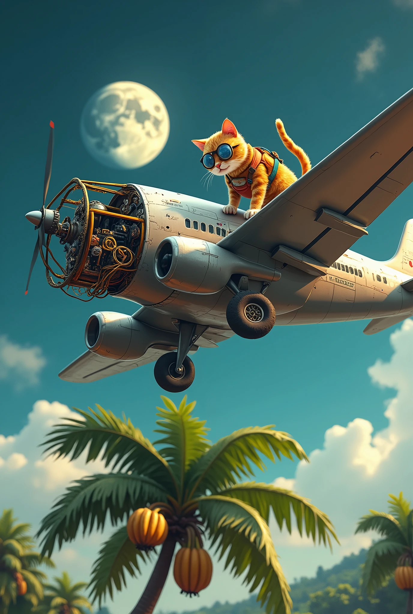 Create a video of a cat working as an electrician fixing a plane that is flying around the moon,and the plane almost hit a coconut tree that had bananas hanging from it