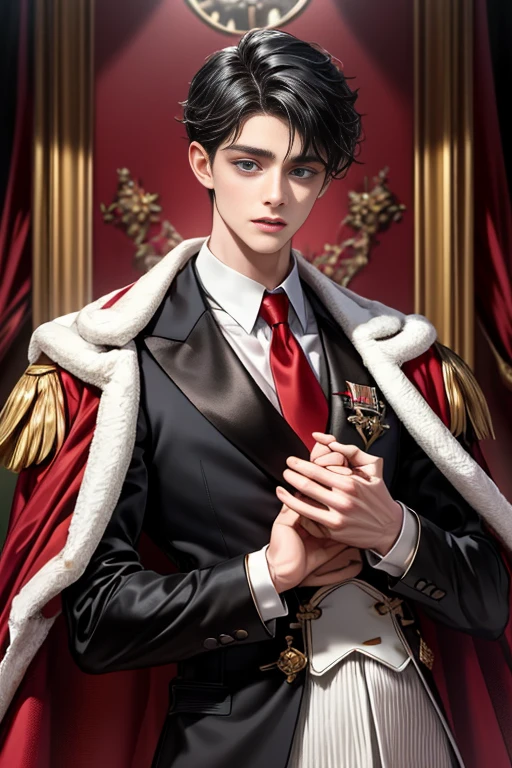 masterpiece, 最high quality, high quality, 1 boy, alone, Male focus, Upper Body,Watching the audience, Messy black hair, Adorable big blue eyes, White, Noble, Noble,A black and red cape that is bursting with y volume、Tuxedo、A very voluminous, large, very large, very large, long, long red and black cape with a high stand-up collar, made of a lot of fabric that reaches down to the floor., ,cute beautiful,Cute, cute, kind, handsome guy