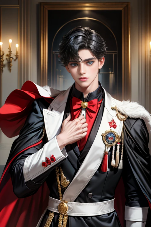masterpiece, 最high quality, high quality, 1 boy, alone, Male focus, Upper Body,Watching the audience, Messy black hair, Adorable big blue eyes, White, Noble, Noble,A black and red cape that is bursting with sexy volume、Tuxedo、A very voluminous, large, very large, very large, long, long red and black cape with a high stand-up collar, made of a lot of fabric that reaches down to the floor., ,cute beautiful,Cute, cute, kind, handsome guy