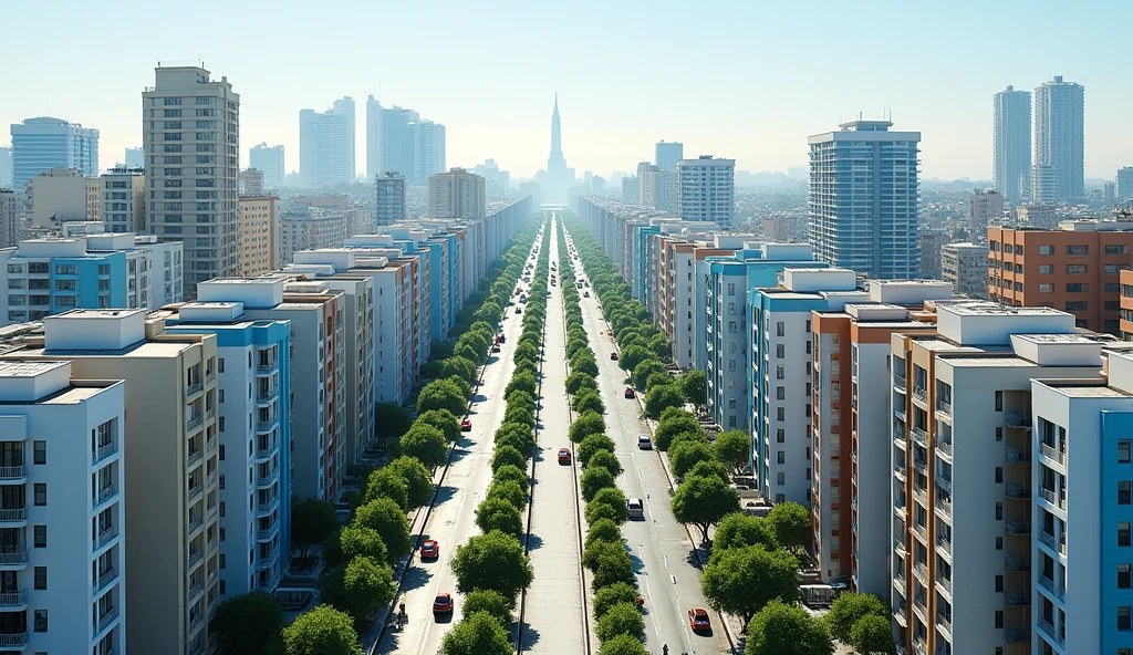 Description for the image:
vista: aerial sky Location: Main avenue of the city of Mollendo.
buildings: Dos filas de edificios residentiales, located on both sides of the avenue. There are 8 buildings on the left side and 8 on the right side..
Design of buildings: Each building has a different architectural design,
On the avenue there are buildings of :
residential.
Office.
Hotel.
Bank. etc.
Color of the buildings:
white.
white y lineas azules.
white y lineas naranjadas oscuras.
White and black lines.
Azul y white.
Beige y white.
Plomo y white.
Height: Each building is approximately 100 meters high and has around 28 floors..
Trees and path: Includes trees along the avenue and on the central path.