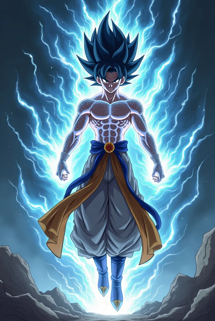 This character has a supernatural and mysterious appearance.. He has the same basic form as the traditional Goku., but with significant refinement and improvement. His body was covered in a layer of dim light., feels like a pure energy entity. His hair changes color and shape constantly., from mysterious black to bright gold, blue or white glitter, reflects his strength and status. The costume is a combination of metaphysical armor and traditional combat gear, can change color and shape in response to his powers.. On the move, Light emitted from the body creates long light trails and powerful energy effects, Highlights strength and ability to overcome all physical limitations.