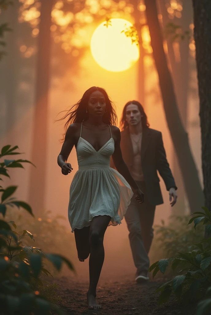 In the 1970's a young dark black woman, of thick build, dark coffee laughs, white light dress, barefoot, with sea-colored eyes that stand out, running through a foggy but beautiful forest. Her skin shines in the sunset. Behind her is a young white man, pale, haggard, But very handsome, black suit dress, has long black hair, looking at her with admiration while smoking. Reference man, looks a lot like Finn Wolfhard