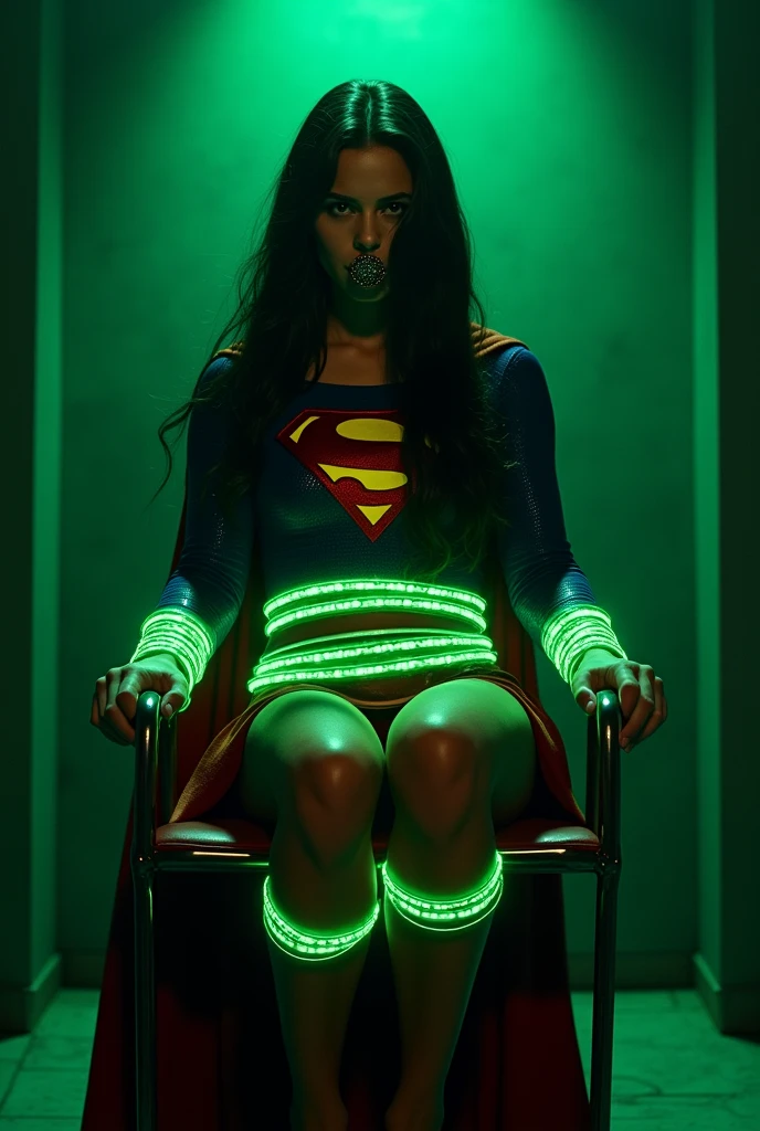 A PERIL BONDAGE SCENE WHERE A HOT SUPERGIRL WITH LONG BLACK HAIR WEARING HER ICONIC SUPERGIRL OUTFIT AND CAPE, HER HANDS, FEET AND WASTE TIED UP WITH LOTS OF GLOWING GREEN KRYPTONITE ROPE WHILE SITTING IN A METAL CHAIR, A BALL GAGG COVERS HER MOUTH, COMPLETELY HELPLESS IN A PITCH BLACK ROOM. INCREDIBLE DETAILS, HYPER DETAILED IN 8K RESOLUTION