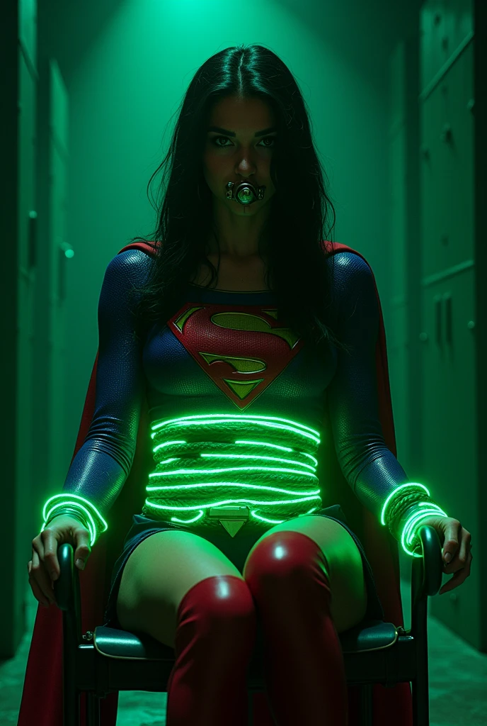 A PERIL BONDAGE SCENE WHERE A HOT SUPERGIRL WITH LONG BLACK HAIR WEARING HER ICONIC SUPERGIRL OUTFIT AND CAPE, HER HANDS, FEET AND WASTE TIED UP WITH LOTS OF GLOWING GREEN KRYPTONITE ROPE WHILE SITTING IN A METAL CHAIR, A BALL GAGG COVERS HER MOUTH, COMPLETELY HELPLESS IN A PITCH BLACK ROOM. INCREDIBLE DETAILS, HYPER DETAILED IN 8K RESOLUTION