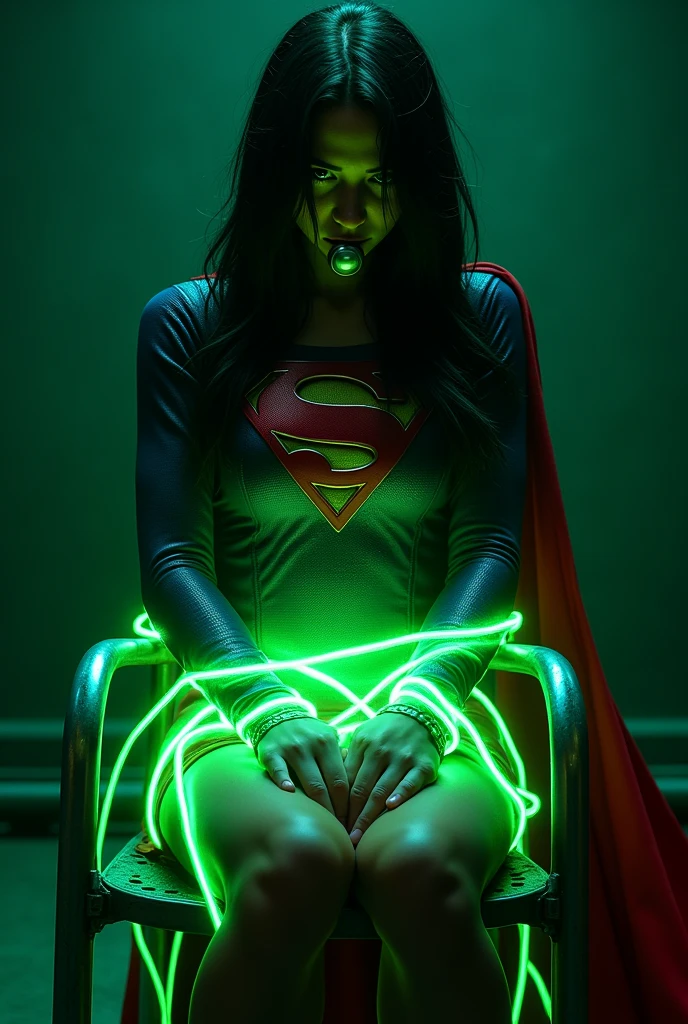 A PERIL BONDAGE SCENE WHERE A HOT SUPERGIRL WITH LONG BLACK HAIR WEARING HER ICONIC SUPERGIRL OUTFIT AND CAPE, HER HANDS, FEET AND WASTE TIED UP WITH LOTS OF GLOWING GREEN KRYPTONITE ROPE WHILE SITTING IN A METAL CHAIR, A BALL GAGG COVERS HER MOUTH, COMPLETELY HELPLESS IN A PITCH BLACK ROOM. INCREDIBLE DETAILS, HYPER DETAILED IN 8K RESOLUTION