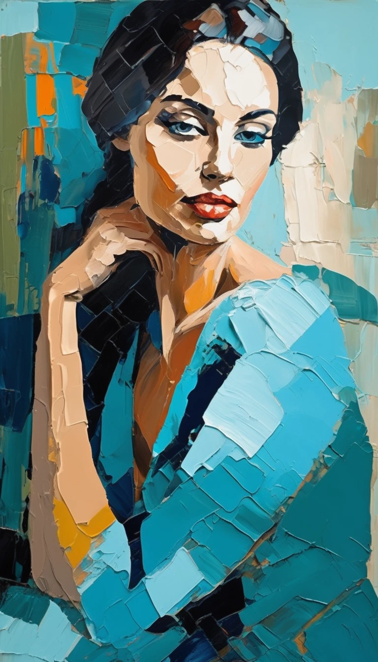 thick paint pallet knife portrait of a sensual woman posing, abstract shadows, painting in the style of Amadeo Modigliani, light blues and cyan and desaturated  color scheme