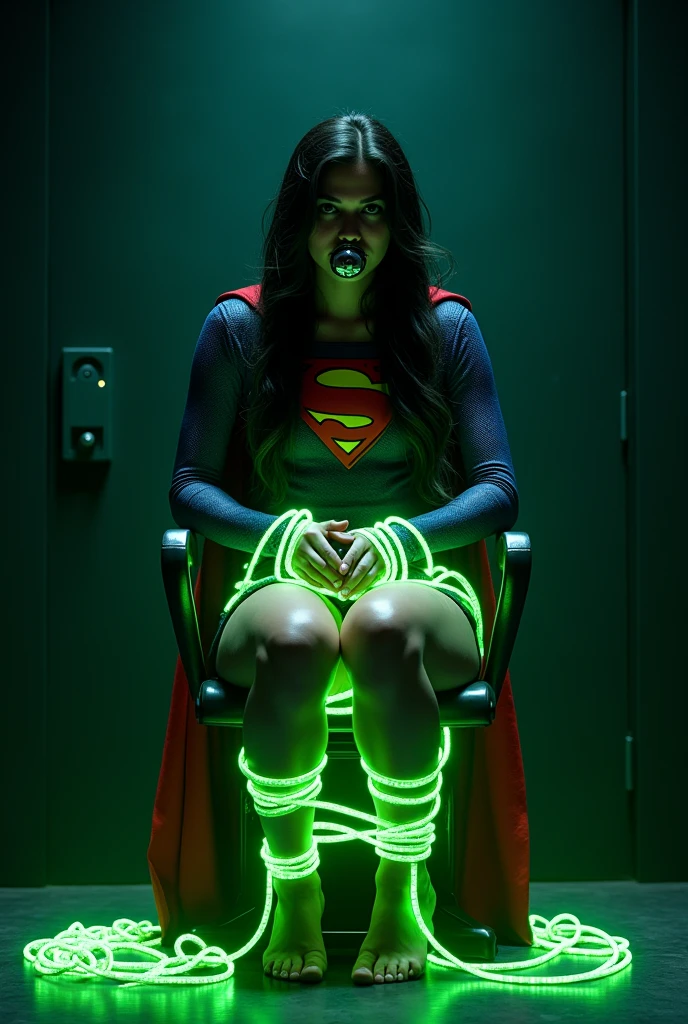 A PERIL BONDAGE SCENE WHERE A HOT SUPERGIRL WITH LONG BLACK HAIR WEARING HER ICONIC SUPERGIRL OUTFIT AND CAPE, HER HANDS, FEET AND WASTE TIED UP WITH LOTS OF GLOWING GREEN KRYPTONITE ROPE WHILE SITTING IN A METAL CHAIR, A BALL GAGG COVERS HER MOUTH, COMPLETELY HELPLESS IN A PITCH BLACK ROOM. INCREDIBLE DETAILS, HYPER DETAILED IN 8K RESOLUTION