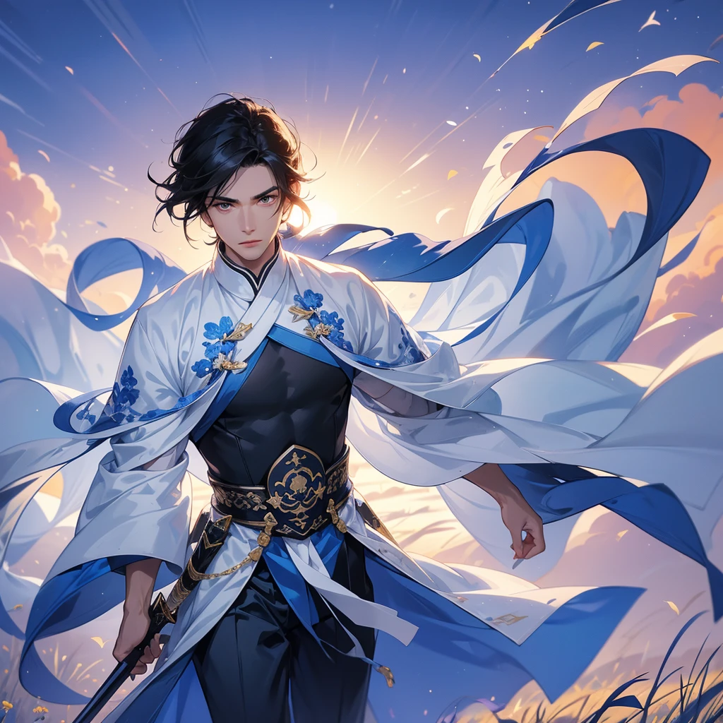 Handsome black-haired male holding a large sword in white ancient Chinese costume, strolling among by the nemophila fields glowing blue, sunset, close up.