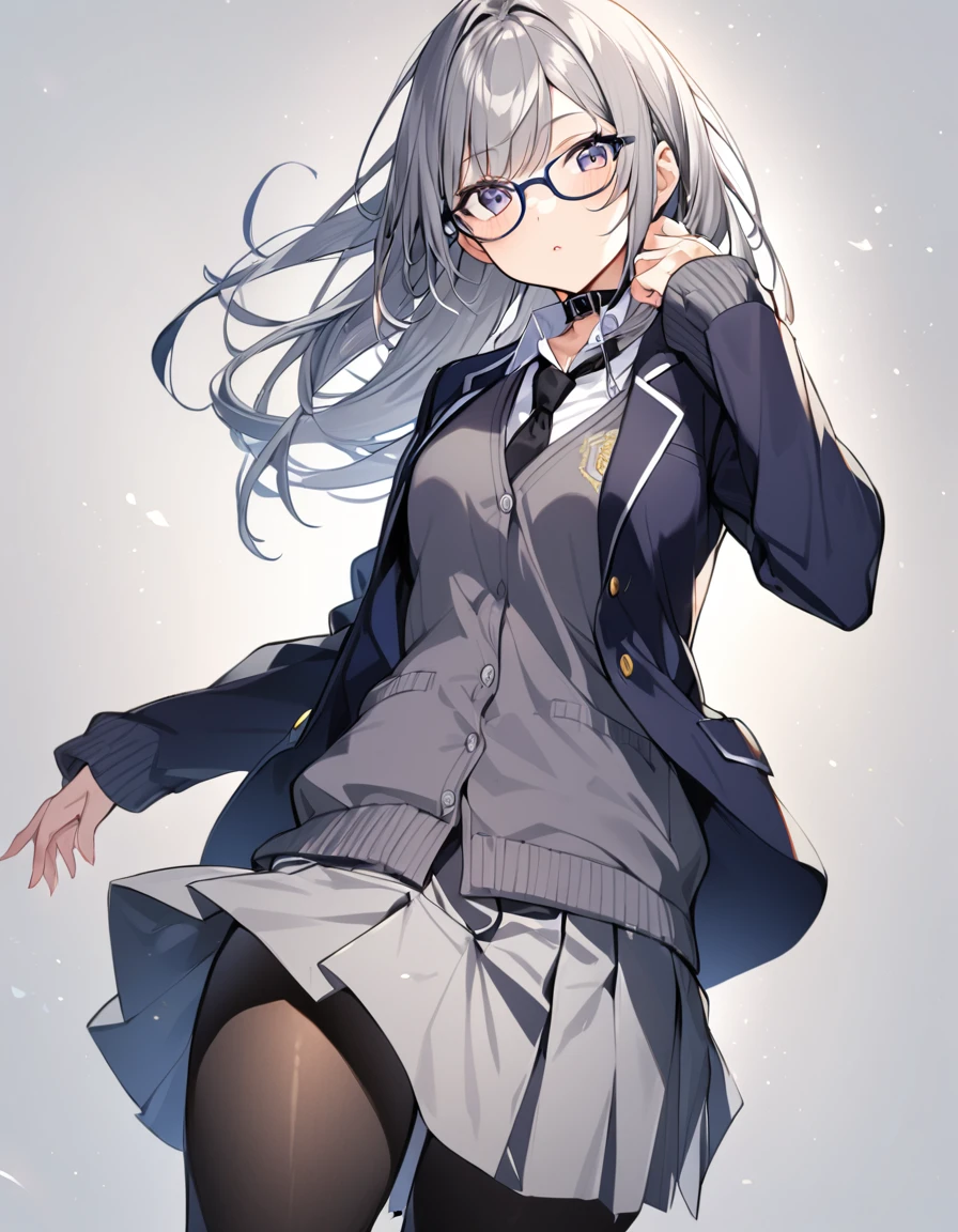 1 girl, glasses, black collar, school uniform, blazer, cardigan, sleeves past wrists, black necktie, gray skirt, black pantyhose, shoes, looking at viewers, cowboy shot