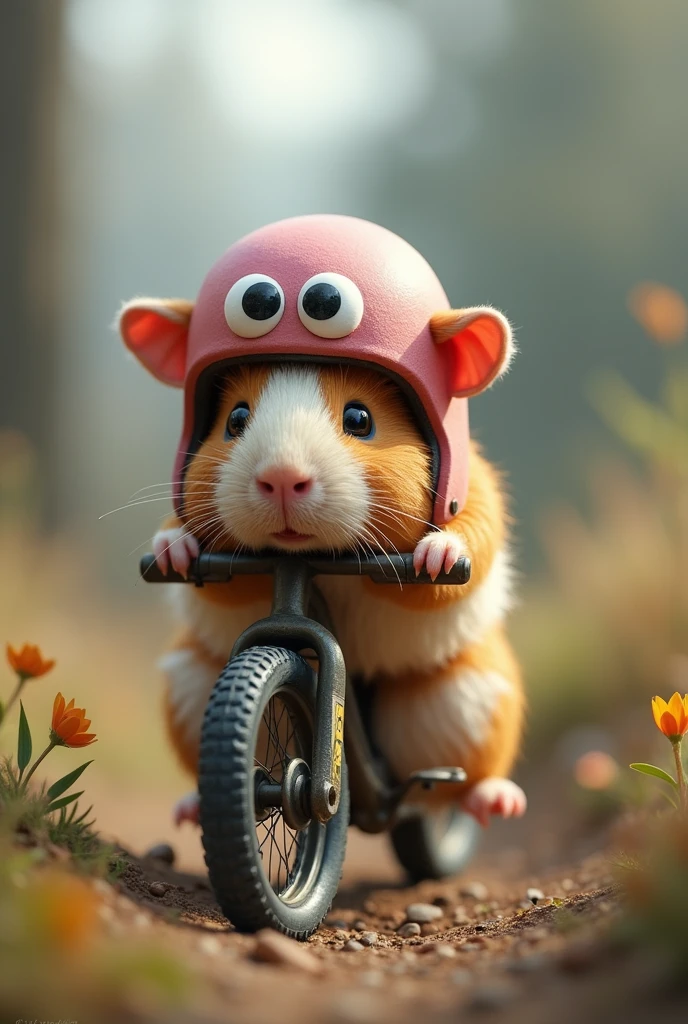 Design 3 options of a guinea pig riding a mountain bike and crouching with a helmet, the helmet that is shaped like a pig's head, the view that is in the foreground