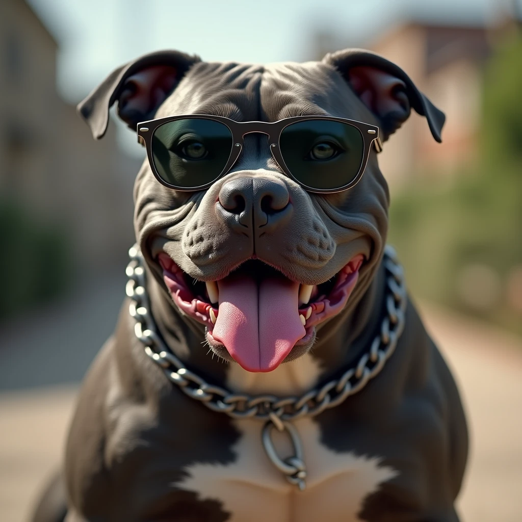 lead colored american bully dog with sunglasses and sticking out tongue in real life and on a chain