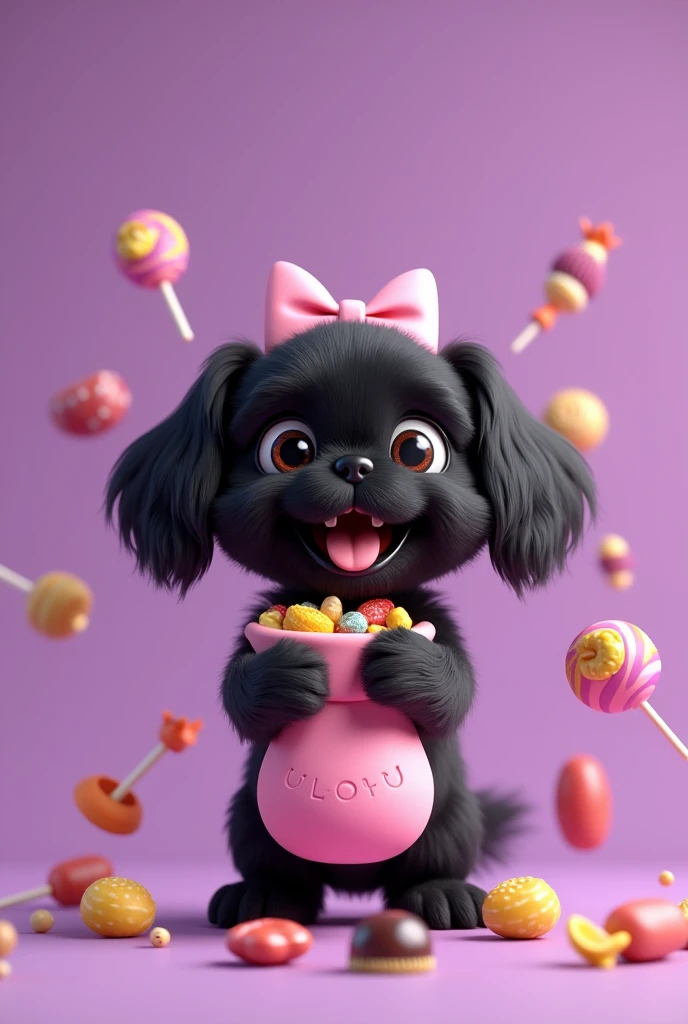 very cute happy black shih tzu puppy, with a pink bow holding a bag of candy, smiling, flying candies, ((chocolates)), gummy, lollipops, 3d render, kawaii hq render, cinema 4d colorful render, adorable, vivid colors, pixar, sharp, (purple background) 3D Pixar style