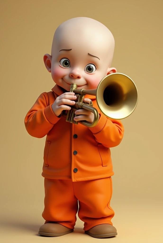 Bald Oompa Loompa in orange prison outfit from Charlie and the Chocolate Factory playing trumpet
