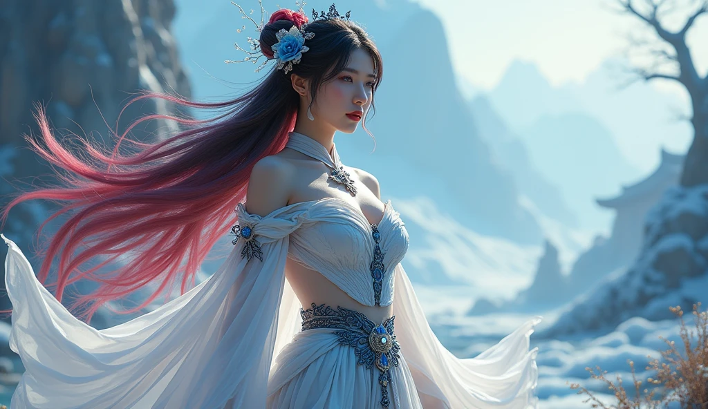 South Korea as an asiatic League of Legend sexy female creature principally in white, with a blue and carmine red ying yang somewere and black taeguks. Intricated clothing. Cinematic Fantasy sci-fi landscape background