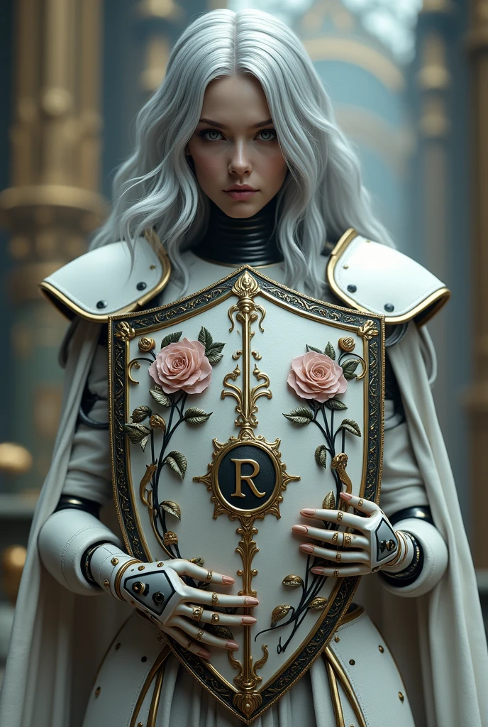 Surreal Very detailed Ultra Fantasy Ultimate Details Ultra-high resolution 8K 32k 3D Clear Eyes Silver髪 In his left hand he holds a magnificent medieval shield mechanical engineering Mechanic Art shield【R o s e s】Comes with a letter name plate. intricate and elaborate design, money, Silver Dynamic pose Robotics Cinema Lighting information