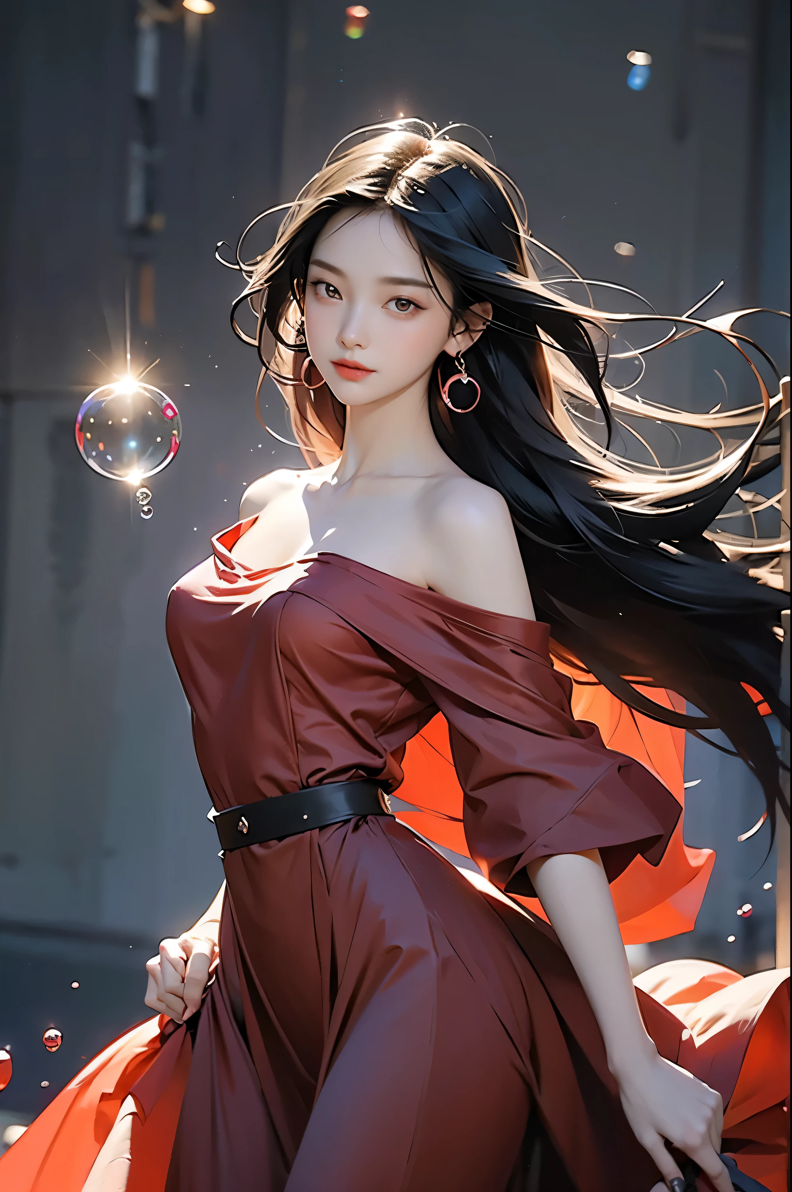 r1ge,1 Girl,Black Hair,Long hair,Off-shoulder dress,(Red Dress:0.9),cleveage,Jewelry,earrings,Off-shoulder,(Off-shoulder:1.1),Rose,Colorful flowers,clavicle,Luminescence,Flying debris,magic,Halation,vitality,((Colorful bubbles)),(floating),Detailed lighting,