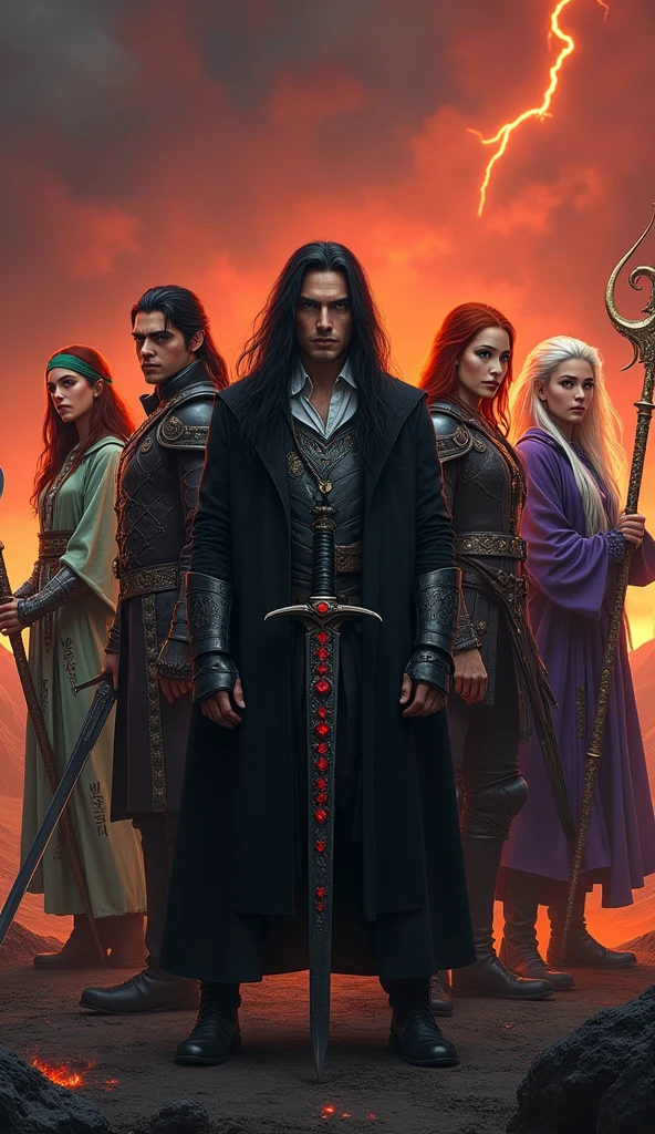 Hyper-realistic, photorealistic depiction of five characters standing in a line, facing forward.

Center: Vortex - A male warrior with long black hair, wearing a black coat over a white shirt. He holds a dark sword with both hands, the blade emitting a subtle dark aura. His intense gaze is focused forward, highlighting his role as the central figure.

Left of Vortex: Valis - A male knight with long black hair. He wears black Gothic-style armor with prominent blood-red jewels on the chest plate. He carries a large greatsword inscribed with ancient runes, resting on his shoulder, and his stance is confident and imposing.

Far Left: Seraphina - A female with long red hair and green eyes. She wears a light green robe with magical circle embroideries on the sleeves and a green headband. She holds a magical staff prominently in her hand, the staff glowing with ethereal light. Her expression is calm but determined, reflecting her magical prowess.

Right of Vortex: Raven - A male dark elf with long white hair. He wears purple leather armor and holds a bow with an arrow nocked, ready to fire. His sharp features and focused eyes convey his alertness and readiness for battle.

Far Right: Mirage - A male magician with long platinum blonde hair. He wears blue robes and holds an ancient staff crackling with magical energy clearly visible in his hand. His expression is enigmatic, with a slight smile as if he knows something the others don’t.

All characters have realistic, well-defined facial features with clear indications of their specified genders. The setting is a volcanic region with a dramatic fiery sky. Volcanic smoke and flames paint the sky red, creating a dramatic backdrop that highlights the characters and their weapons. The image has a high level of detail and realism, mimicking the quality of a high-end fantasy film production photograph. Lighting is dramatic, enhancing the atmosphere and the characters' presence.
