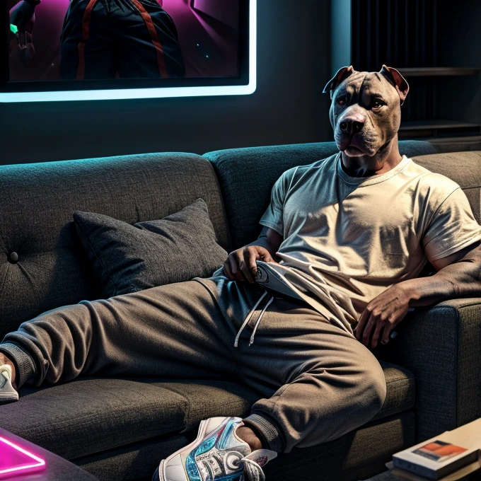 Pit Bull wearing a long t-shirt and sweatpants wearing Air Jordan sneakers lying on the couch watching television in a modern living room with neon lights