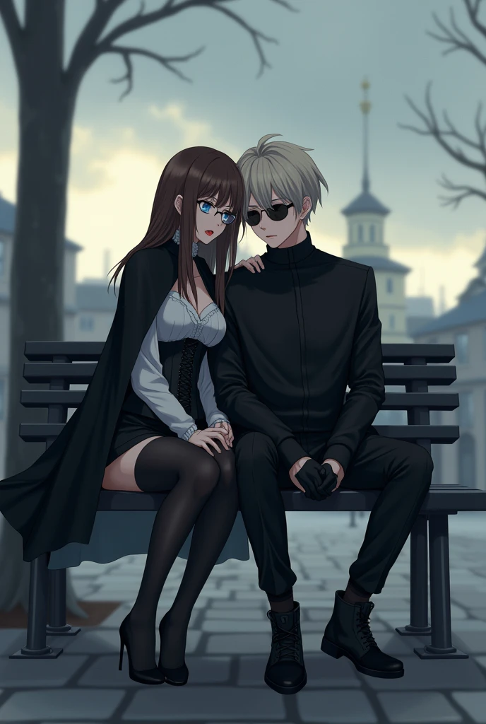 Woman, pretty, white, long brown hair with bangs, com olhos castanhos, red lipgloss stick, round eyeglasses, wearing a black cape, espartilho preto, Black Skirt, black tights and black boots, is sitting sadly looking down and leaning her head on an adult man, mellow, sitting next to you, bonitas, offwhite, cabelo offwhite liso e curto com franja, light blue eyes, small round sunglasses, on a bench in a square on a cloudy day, anime styling