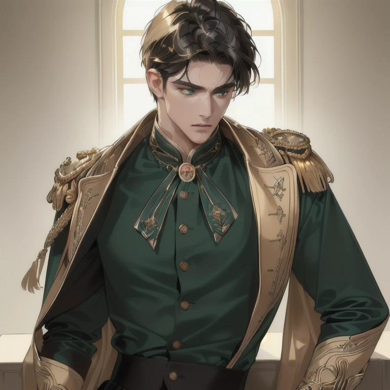 (best quality, masterpiece, 8 thousand, realistic, cinematic lighting, 1:4 HDR images, very detailed, beautiful photoature man, very handsome, ((cold expression)), black short hair, green eyes, A perfect face without any mistakes, ((Buttoning loose clothes)), (detail gold accessories on clothes)
